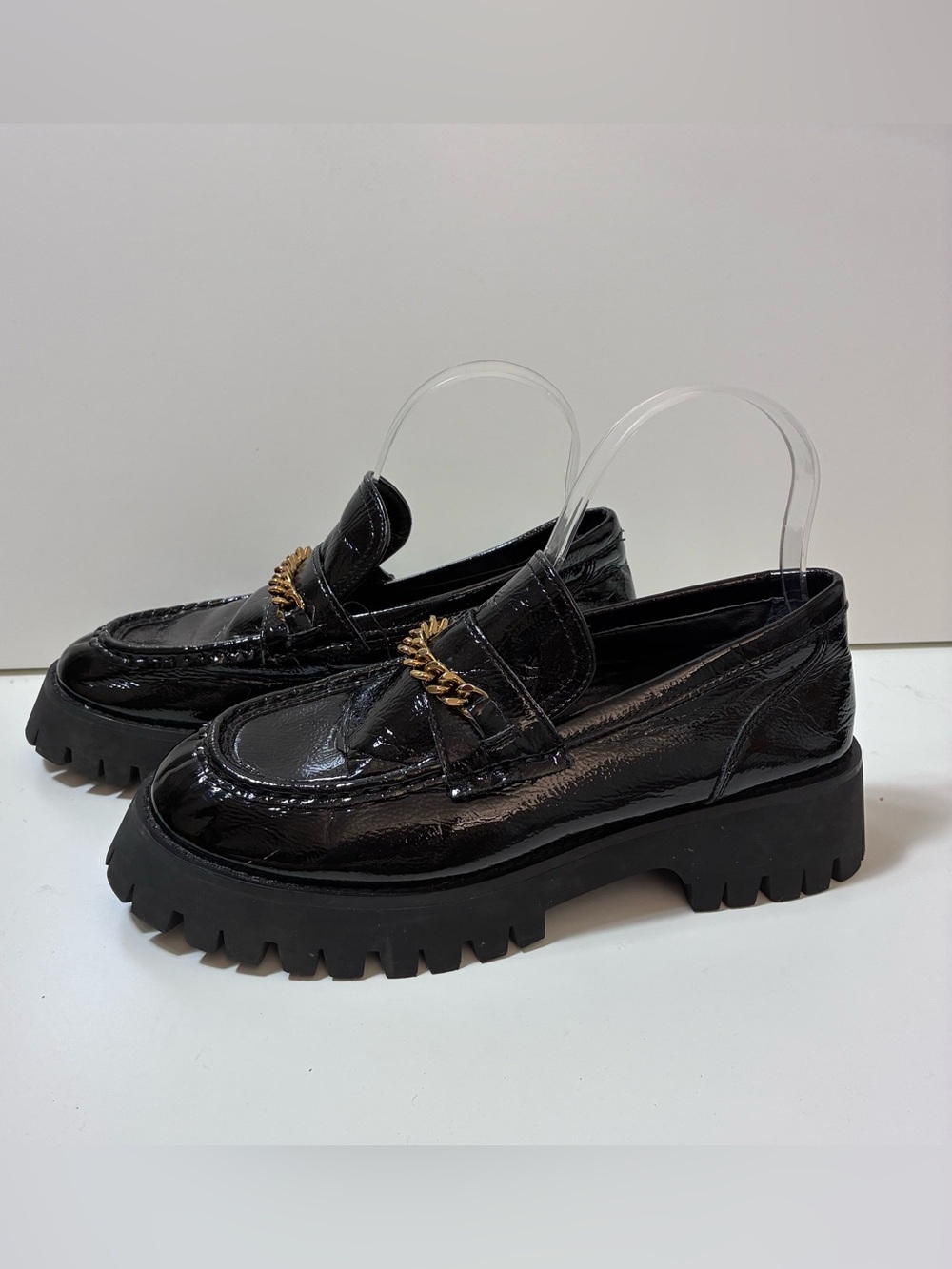 Princess Polly Black Patent Gold Chain Loafers Chunky Lug Sole‎ Platform Size 7